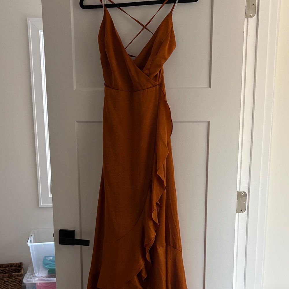 Lulu's Asymmetrical Rust Dress with Ruffle Detail